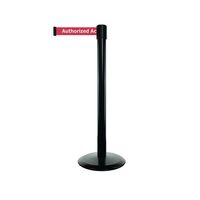 Tensator® Advance retractable barrier system with text webbing - Black post with Authorised access only message