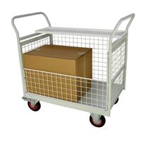 Painted mailroom platform truck with half side and storage tray, 900mm length