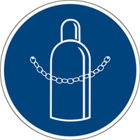 Gebotszeichen "Druckgasflasche durch Kette sichern" [GBP18], Folie (0,1 mm), 200 mm, Bewährte Praxis, selbstklebend