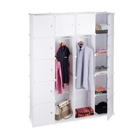 Relaxdays Kleiderschrank Stecksystem mit 2 Kleiderstangen, Garderobe mit 14 Fächer, Kunststoff Regalsystem, weiß