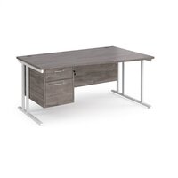 Maestro 25 right hand wave desk 1600mm wide with 2 drawer pedestal - white cantilever frame, grey oak top