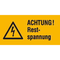 Achtung! Restspannung Warnschild auf Bogen, Folienetik, gestanzt, 5,20x2,60cm DIN EN ISO 7010 W012 + Zusatztext ASR A1.3 W012 + Zusatztext