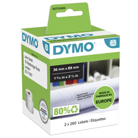DYMO Eredeti LW nagyméretű cím etikett, 36mm x 89mm, Fehér alapon fekete felirat, 2 tekercs/260 db könnyen lefejthető címke (520 címke összesen), Öntapadós, LabelWriter címkézőg...
