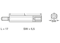 Sechskant-Abstandsbolzen, Außen-/Innengewinde, M3/M3, 17 mm, Messing
