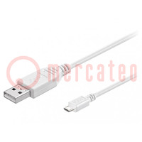 Kábel; USB 2.0; USB A dugó,USB B micro dugó; 1m; fehér; Ér: Cu