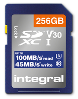 Integral INSDX256G-100V30 256GB SD CARD SDXC UHS-1 U3 CL10 V30 UP TO 100MBS READ 45MBS WRITE mémoire flash 256 Go UHS-I