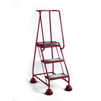 Mobile platform steps with cup feet and full handrail 3 tread in red