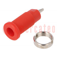 Socket; 2mm banana; 10A; 600V; 25mm; red; on panel,screw; insulated