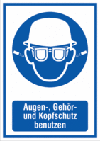 Kombischild - Ohrstöpsel, Augen- und Kopfschutz benutzen, Blau, 29.7 x 21 cm