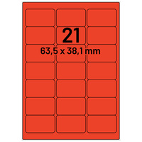 Universaletiketten 63,5 x 38,1 mm, 2.100 Haftetiketten rot auf DIN A4 Bogen, Papier permanent