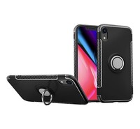 Műanyag telefonvédő (szilikon keret, asztali tartó funkció, telefontartó gyűrű, beépített fémlemez, karbon minta) FEKETE [Apple iPhone XR ...