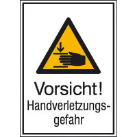 Vorsicht! Handverletzungsgefahr Warnschild, selbstkl. Folie ,13,10x18,50cm DIN EN ISO 7010 W024 + Zusatztext ASR A1.3 W024 + Zusatztext