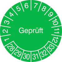 Prüfplaketten Geprüft, grün/weiß, 15 Stück/Bogen, selbstkleb., 3 cm Version: 28-33 - Prüfplakette Geprüft 28-33