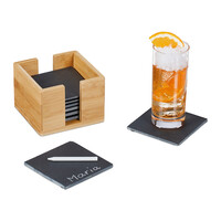 Relaxdays Schiefer Untersetzer 8er Set, mit Bambus Box, Getränkeuntersetzer, 10x10 cm, Schieferplatte Gläser, anthrazit