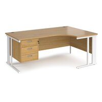 Maestro 25 right hand ergonomic desk 1800mm wide with 3 drawer pedestal - white cable managed leg frame, oak top