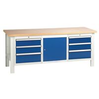 Medium duty steel workbench with veneer worktop, 2 triple drawer units and 1 cupboard L x D - 2000 x 650mm