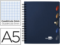 Cuaderno Espiral Liderpapel A5 Micro Executive Tapa Plastico 100H 80 Gr Cuadro 5Mm 5 Separadores con Gomilla Azul