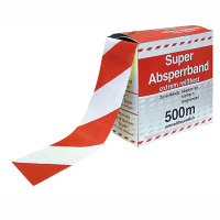 Absperrband in Spenderbox rot/weiß schraffiert, PE-Folie, 500mx8 cm
